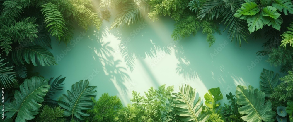 Poster tropical greenery abundance with light beams on soft green backdrop - lush botanical display for des