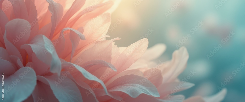 Aufkleber abstract soft focus close-up of pale pink flower petals with gentle sunlight on a hazy turquoise bac