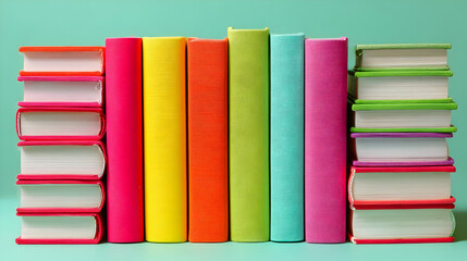 hardcover books in different bold colors with matching background