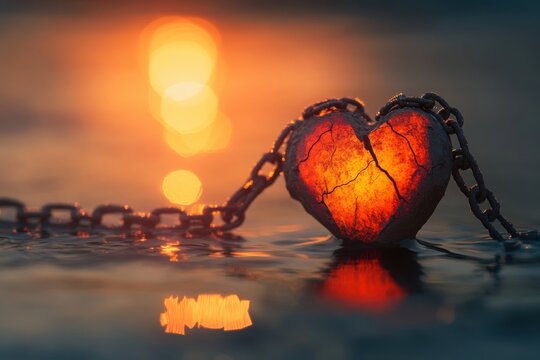 Cracked heart with chain on water on a white background