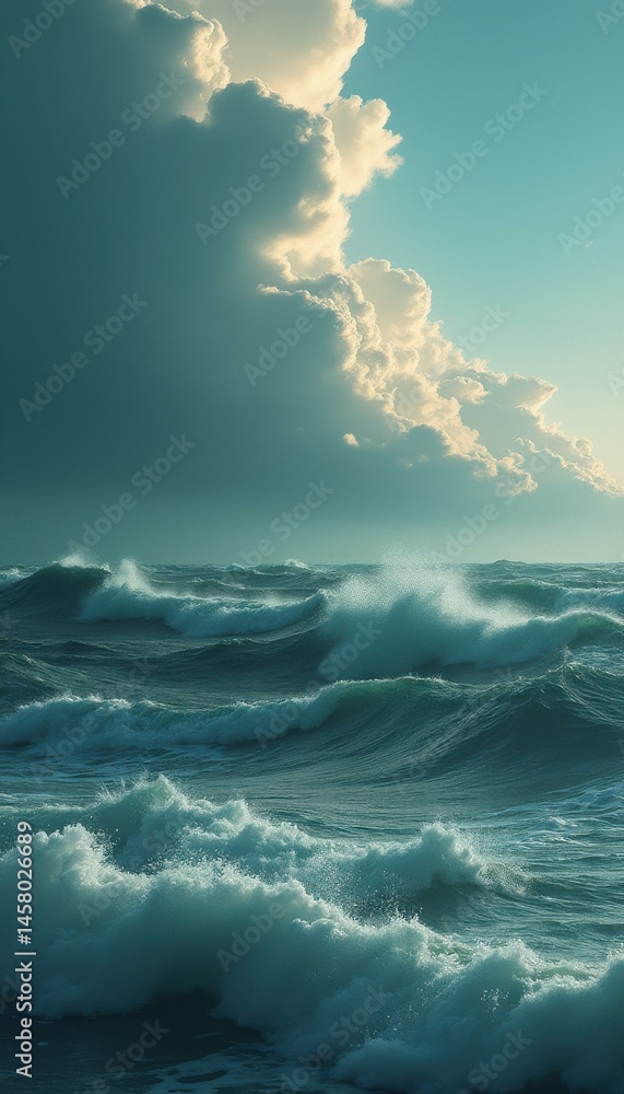 Poster dramatic seascape featuring powerful ocean waves crashing under a dynamic sky with intense sunlight 