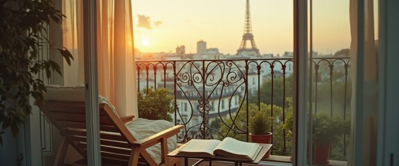 Peaceful balcony view with sunset and book in cozy atmosphere, relaxed scene with Parisian charm and wrought iron railing, tranquil setting