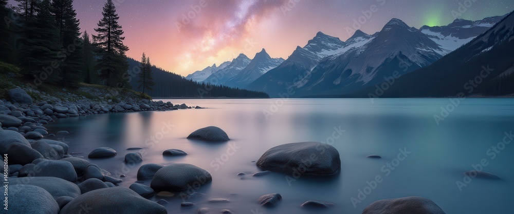 Poster tranquil alpine lake with smooth stones reflecting the twilight sky and distant snow-capped mountain