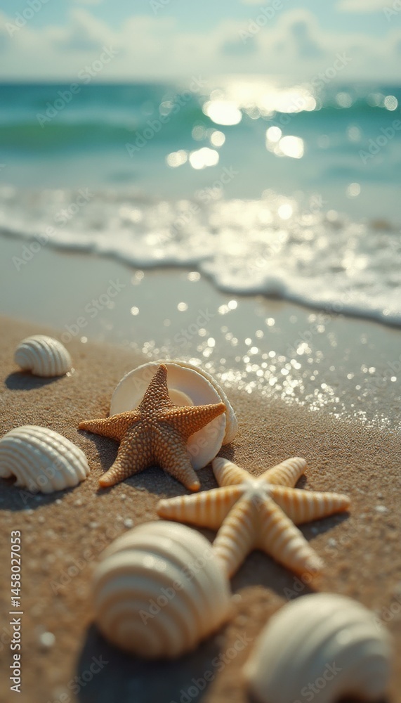 Poster starfish and seashells on sandy beach with sparkling ocean waves