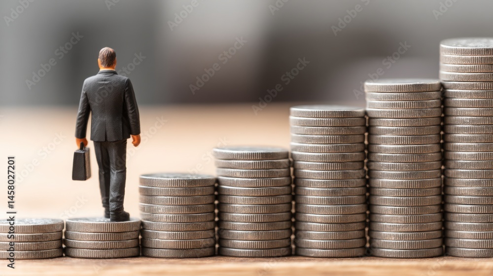Aufkleber a miniature man standing on a stack of coins symbolizing investment fade and the soft disappearance 
