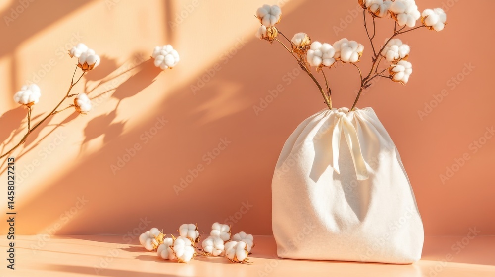 Poster cotton plant stems in a fabric bag on a peach background with shadows creating a warm and inviting a