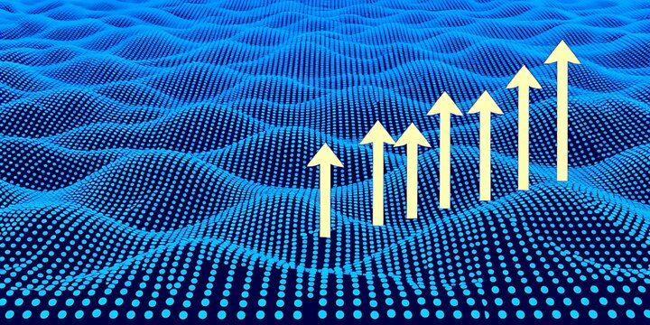 Abstract digital background of blue dots and rising yellow arrows represents growth