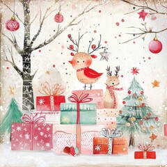 Fototapeta premium Whimsical Christmas scene with festive reindeer, gifts, and a decorated tree in a snowy setting.
