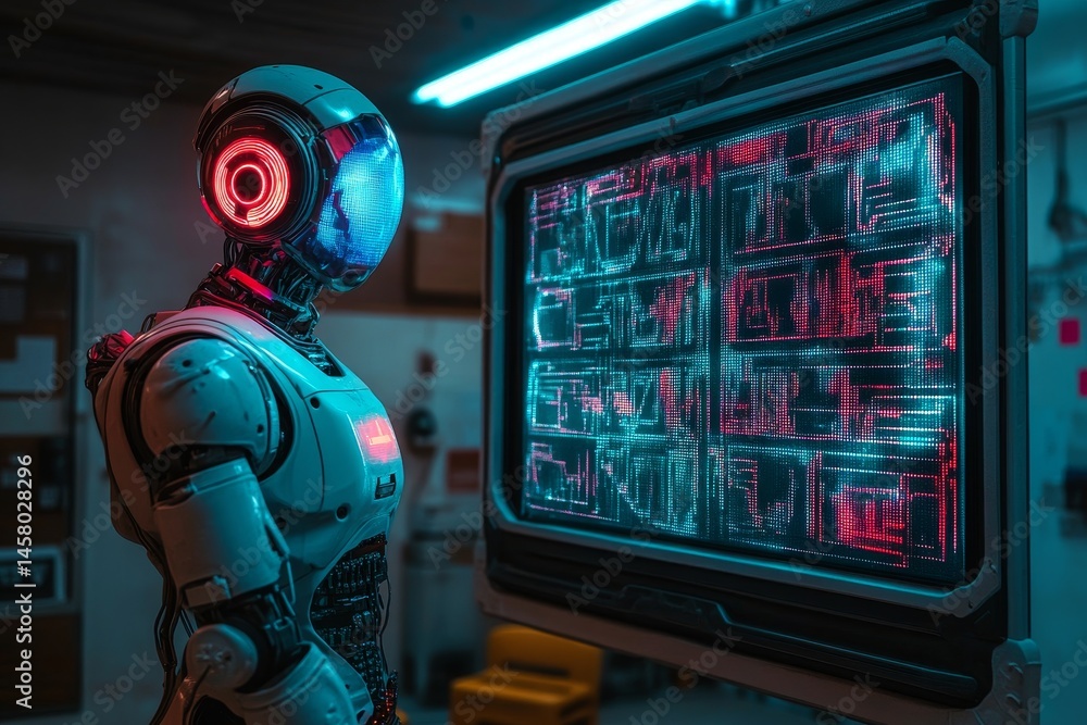 Poster futuristic robot studying holographic binary code in a neon lit laboratory
