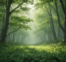 Naklejka premium Soft, blurry green leaves create an ethereal forest backdrop , overgrown, soft focus, pastel