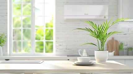 Elegant kitchen with a bright window and indoor plant, creating a serene atmosphere