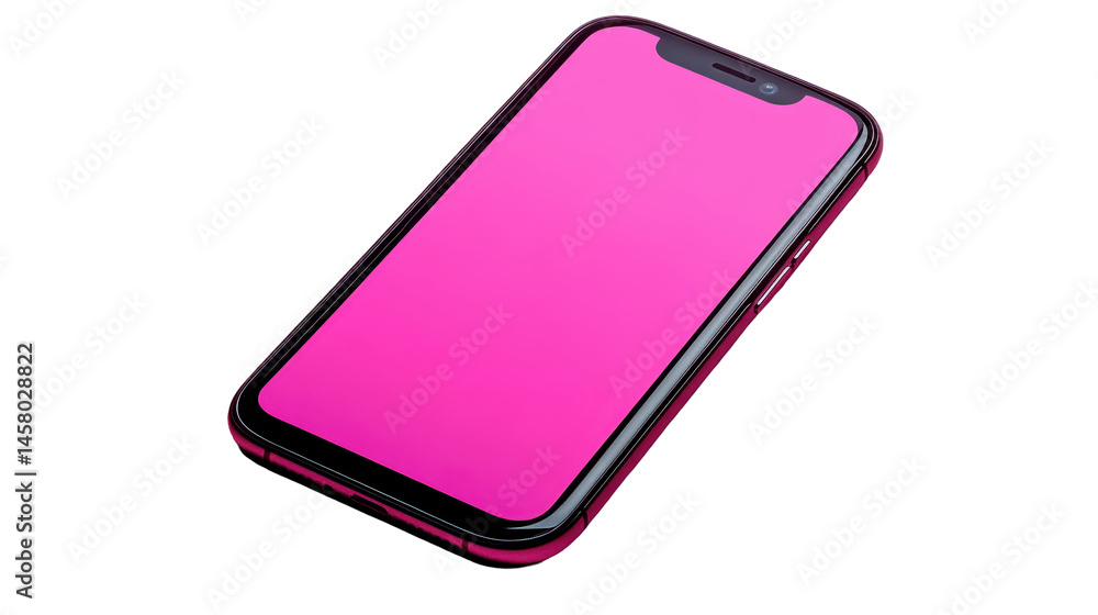 Poster digital rendering of a modern cell phone with a vibrant pink screen, angled and set against a dark b