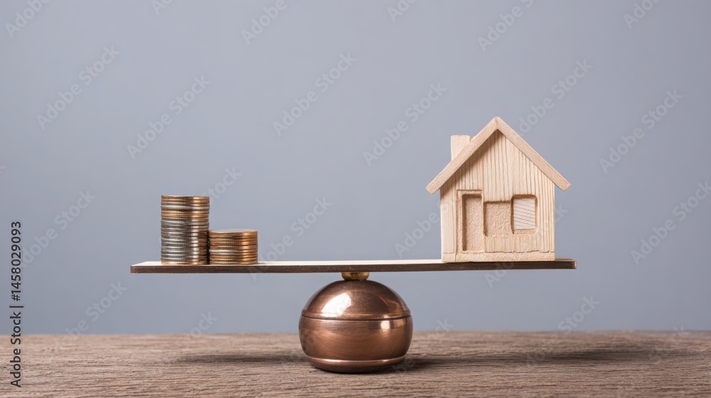 Poster house next to a stack of coins representing clear investment ratios for building a balanced and secu