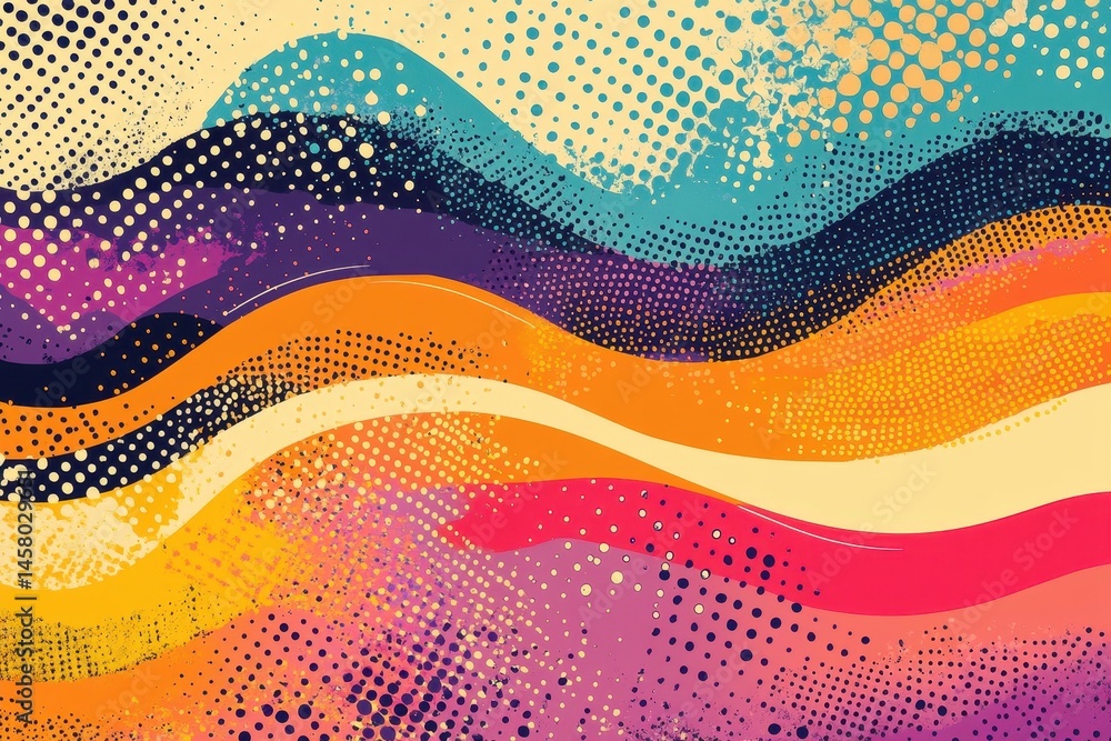 Poster colorful, wavy pattern with halftone dots and splatters for a textured effect. it's perfect for vibr