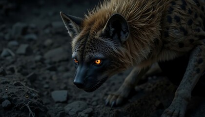 Obraz premium a (Hyena), yellow glowing eyes, macro, Vicious, highly focused, in the dark night, scavenging on barren land in a hunting position