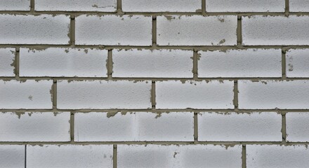 Close-up view of a textured wall constructed from white rectangular building blocks joined by grey mortar, showing the pattern and surface details