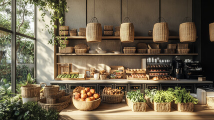 Fototapeta premium Eco-Conscious Food & Drink A farm-to-table food brand could feature backgrounds like wooden countertops, rustic farm imagery, and green plants. 