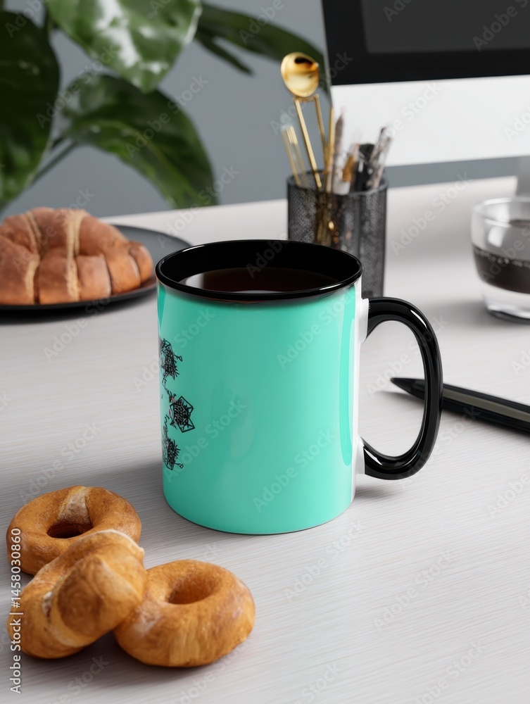 Poster turquoise mug with bagels and croissant on desk with computer monitor in background