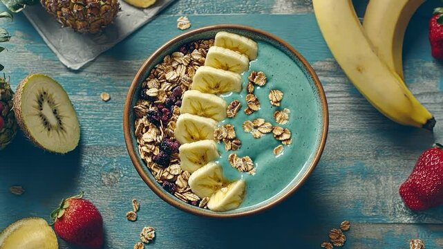 Blue smoothie bowl with banana, granola, and berries