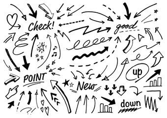 手書きの矢印セット。色んな種類のカーソル。ベクターイラスト。