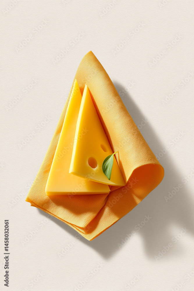 Poster processed cheese slice elegantly folded with soft shadows in minimalist style. clean white backgroun