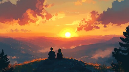 Fototapeta premium Silhouetted figures watching a vivid sunset from mountain peak vista