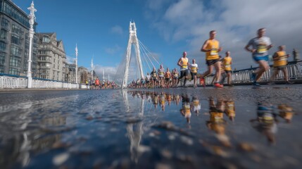 A group of runners participating in a marathon on a bridge with reflections in puddles