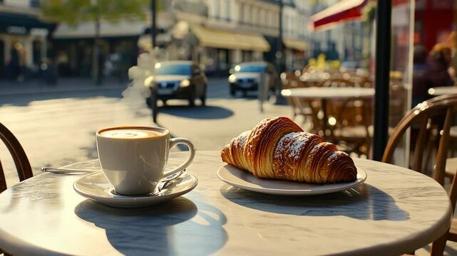 Parisian cafe morning scene with coffee and croissant