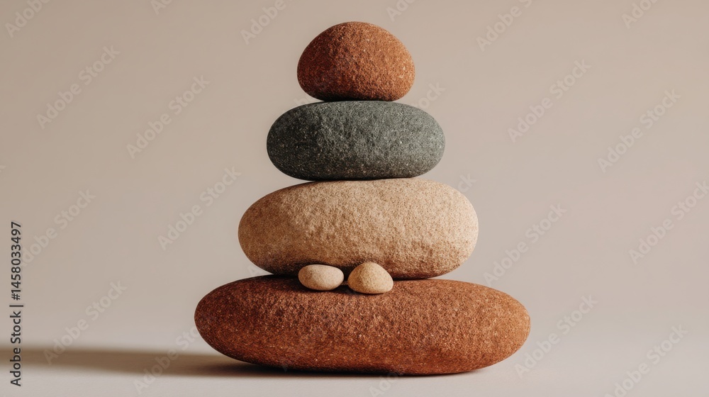 Poster a stack of smooth rocks symbolizing stability and strength with a logical connection to nature and q