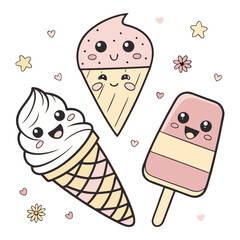 Kawaii Ice Cream Set &ndash; Cute Cartoon Ice Creams with Faces 