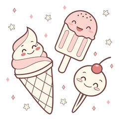 Kawaii Ice Cream Set – Cute Cartoon Ice Creams with Faces 
