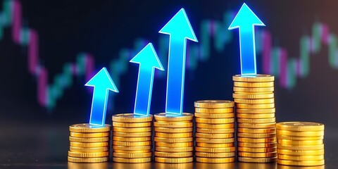 Financial growth concept with stacks of gold coins and increasing blue arrow indicators