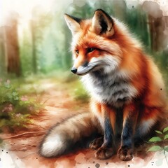 Fototapeta premium Hand-Painted Fox Artwork in a Natural Woodland Setting with Gentle Watercolor Brushstrokes and Warm Earthy Background 