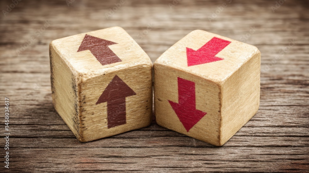 Poster two wooden blocks with arrows illustrating the concept of macroeconomic data versus price action ana