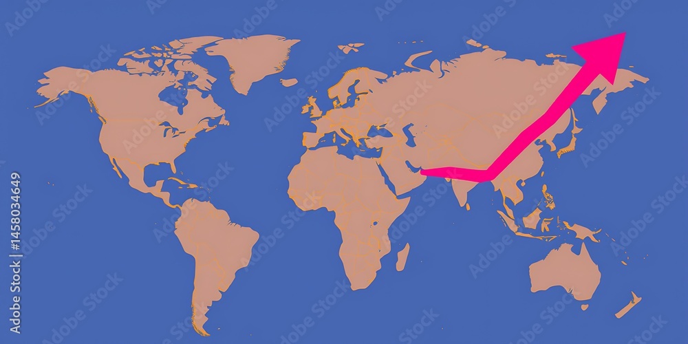 Poster global growth depicted by an ascending arrow in a world map conceptual representation