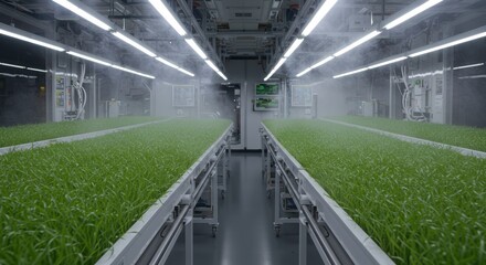 Futuristic Indoor Farm with Lush Green Crops Showcasing Innovative Agricultural Technology