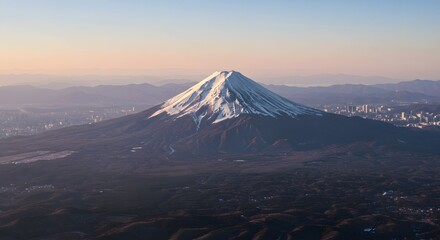 Fototapeta premium Majestic Mount Fuji: A Panoramic View of Japan's Iconic Volcano at Dawn