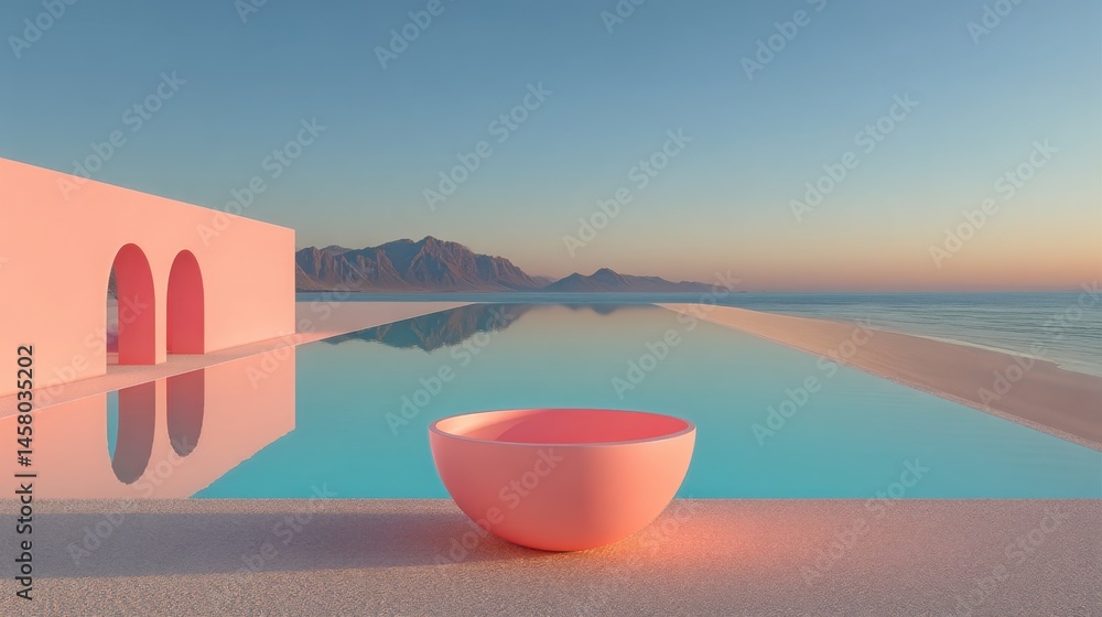 Poster tranquil scene of a pink bowl resting on the surface of a serene pool representing calm global finan