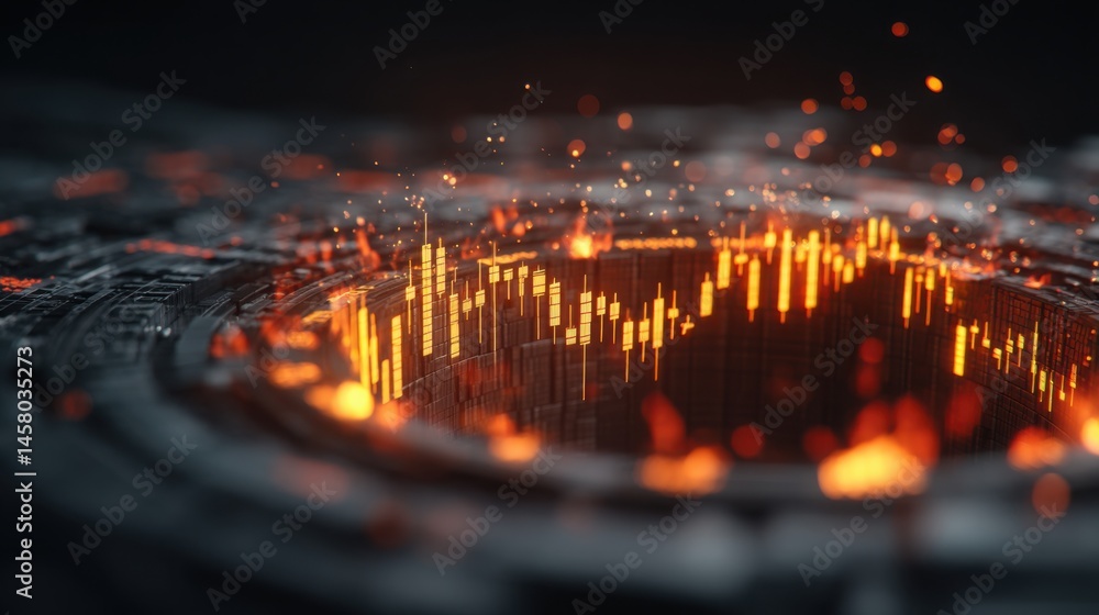 Poster intricate circular metal structure illuminated by numerous orange lights representing trend-based tr