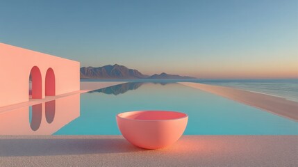 Naklejka premium Tranquil scene of a pink bowl resting on the surface of a serene pool representing calm global financial concepts