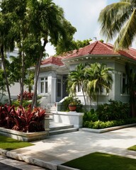 Fototapeta premium Elegant Home Exterior with Lush Tropical Landscaping and Red Tile Roof in Sunny Climate