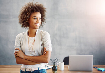Black woman, confident and smile for thinking in office, brainstorming and ideas for planning...