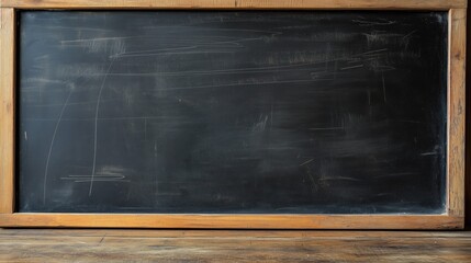 Empty chalkboard with wooden frame in classroom setting
