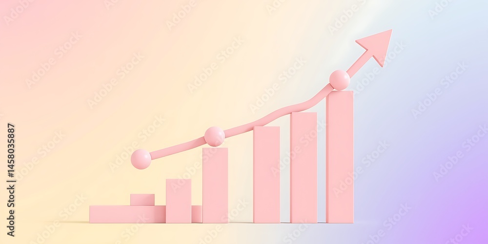 Poster minimalist 3d pink chart illustrating growth and progress with rising arrow and bar graph