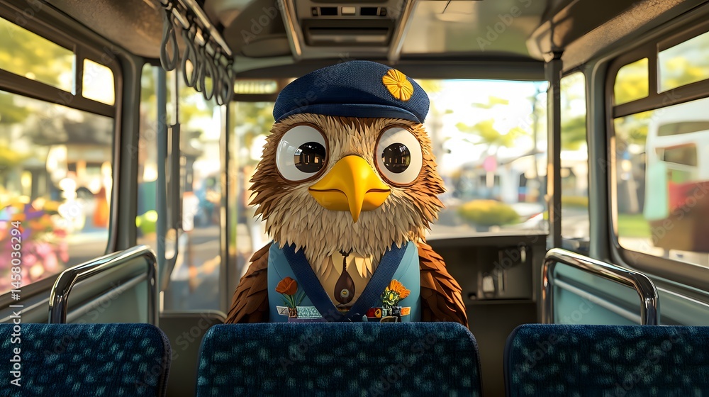 Poster animated owl character seated inside a public bus.