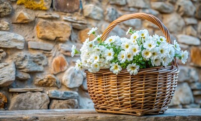 Fototapeta na wymiar White Flowers in Wicker Basket Against Stone Wall
