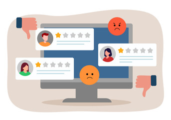 User reviews. Computer with bad customer reviews, experience or feedback concept, one star rating. Rating bubble.