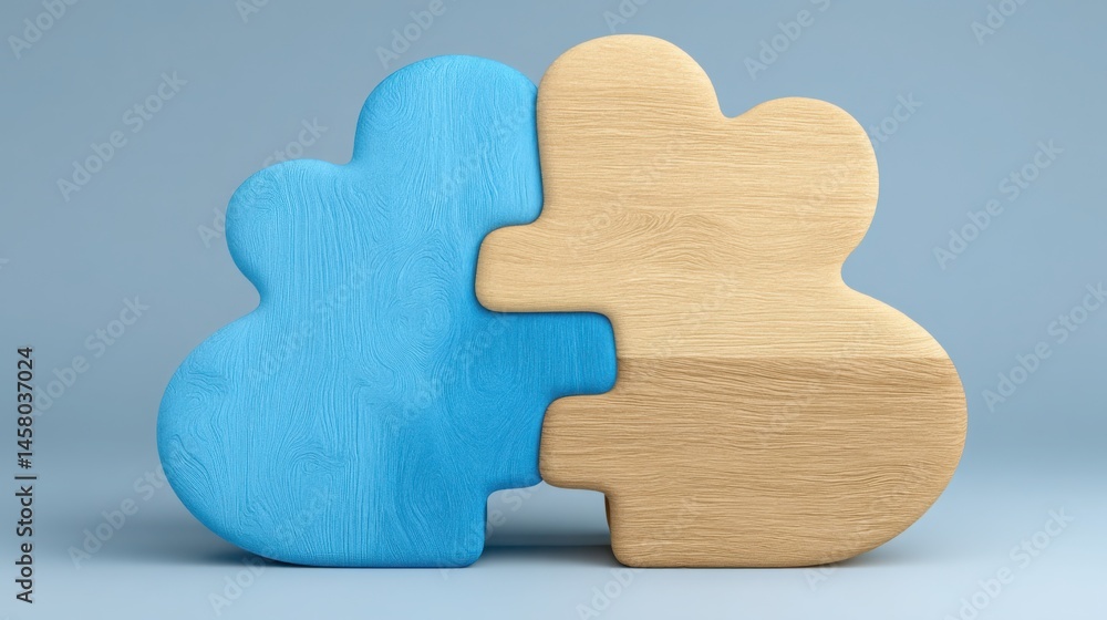 Poster close-up of two interlocking wooden puzzle pieces representing the concept of problem solving and co