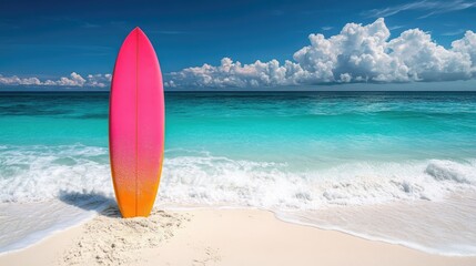 Vibrant pink and orange surfboard on a tropical beach.
