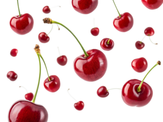 cherries floating in the air isolated on white background, PNG